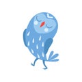 Cute cartoon blue owlet bird character standing with closed eyes vector Illustration on a white background Royalty Free Stock Photo