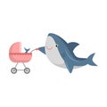 Cute shark with a baby shark in a pram. Vector illustration isolated on white background. Royalty Free Stock Photo