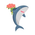 Cute shark with a bouquet of flowers Vector illustration isolated on white background Royalty Free Stock Photo