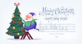 Cute cartoon blue suit Santa Claus decorating Christmas tree Merry Christmas vector illustration Greeting card poster Royalty Free Stock Photo