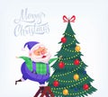 Cute cartoon blue suit Santa Claus decorating Christmas tree Merry Christmas vector illustration Greeting card poster. Royalty Free Stock Photo