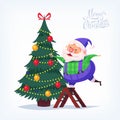 Cute cartoon blue suit Santa Claus decorating Christmas tree Merry Christmas vector illustration Greeting card poster. Royalty Free Stock Photo