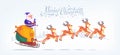 Cute cartoon blue suit Santa Claus riding reindeer sleigh Merry Christmas vector illustration Greeting card poster