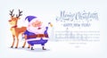 Cute cartoon blue suit Santa Claus ringing bell with reindeer Merry Christmas vector illustration horizontal banner. Royalty Free Stock Photo