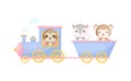 Cute cartoon blue train with sloth driver and monkey, opossum on waggon on white background. Design for childrens book, greeting Royalty Free Stock Photo