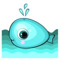 Cute cartoon blue whale in the water. Royalty Free Stock Photo