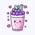 Cute cartoon blueberry smoothie with hearts, delicious healthy diet, kawaii vector illustration, generative ai