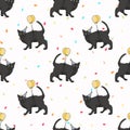 Cute cartoon Bombay cat with party hat seamless vector pattern. Pedigree kitty breed domestic cat background. Cat lover