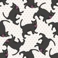 Cute cartoon Bombay cat with pink bow seamless vector pattern. Pedigree kitty breed domestic cat background. Cat lover