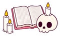 Cute cartoon book, candles and human skull