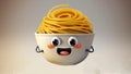 Cute Cartoon Bowl of spaghetti Character on a White Background, generative Ai