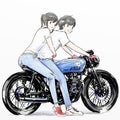 Cute cartoon boy and girl riding her motorcycle Royalty Free Stock Photo