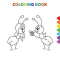 Cute cartoon boy ant gives gift to girl ant coloring book for kids. black and white vector illustration for coloring book. boy ant