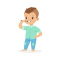 Cute cartoon boy brushing his teeth, kids dental care vector Illustration Royalty Free Stock Photo