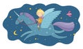 Cute cartoon boy flies on a pegasus. Little prince and unicorn