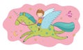 Cute cartoon boy flies on a pegasus. Little prince and unicorn