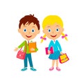 Cute cartoon boy and girl with books and bags Royalty Free Stock Photo