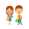 Cute cartoon boy and girl with books and bags Royalty Free Stock Photo