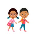 Cute cartoon boy and girl go with  bags Royalty Free Stock Photo