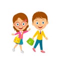 Cute cartoon boy and girl go with  bags Royalty Free Stock Photo