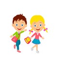 Cute cartoon boy and girl go with  bags Royalty Free Stock Photo