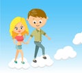 Cute Cartoon Boy and Girl. With Love. Walking on Clouds. Character, Little, Joy, Young, Smile, Pretty, Happy.