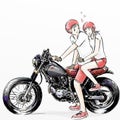 Cute cartoon boy and girl riding motorcycle Royalty Free Stock Photo