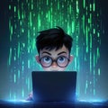 Cute cartoon boy with glasses intensely coding on laptop, surrounded by vibrant green digital rain effect binary code, Royalty Free Stock Photo