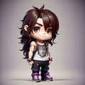 A cute cartoon boy heavy metal with long brown hair with strappy shirt - Generated by Generative AI