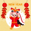 Happy Chinese new year greeting card. Cute cartoon boy with lion dance on firecrackers background.