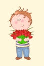 Cute cartoon boy with red flowers.