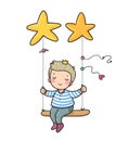 Cute cartoon boy riding a swing. The little prince Royalty Free Stock Photo