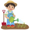 Cute Cartoon Boy With Watering Can. Young Farmer Working In The Garden. Royalty Free Stock Photo