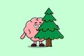 Cute cartoon Brain character hiding tree