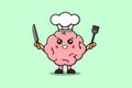 Cute cartoon Brain chef holding knife and fork