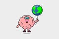 Cute cartoon Brain floating with earth balloon