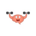 Cute cartoon brain with funny face and a dumbbells. Training for the mind.