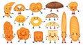 Cute cartoon bread characters with happy faces. Funny croissant, muffin, baguette, pretzel and toast. Bakery mascot