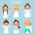 Cute cartoon brides. Princess in wedding dresses. Kawaii fiancee icons