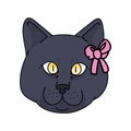 Cute Cartoon British Shorthair Cat Face With Pink Bow Vector Clipart. Pedigree Kitty Breed For Cat Lovers. Purebred