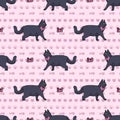 Cute cartoon British shorthair cat with pink bow seamless vector pattern. Pedigree kitty breed domestic kitty background