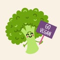 Cute cartoon broccoli vector icon. A funny green vegetable with a go vegan sign. Beautiful cabbage at the rally of vegetarians for Royalty Free Stock Photo