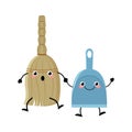 Cute cartoon broom and dustpan characters vector illustartion in