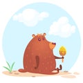 Cute cartoon brown bear holding honey wooden stick. Vector illustration of a bear sitting isolated on simple and nice design