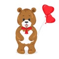Cute cartoon brown bear holding a red balloons in his paw.Plush Royalty Free Stock Photo