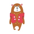 Cute cartoon brown teddy bear in cerise vest standing. Funny lovely animal colorful character vector Illustration Royalty Free Stock Photo