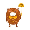 Cute cartoon brown teddy bear standing with yellow umbrella. Funny lovely animal colorful character vector Illustration Royalty Free Stock Photo