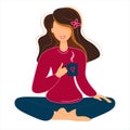 Cute cartoon brunette sitting in lotus position and drinking herbal tea. Yoga practice, relaxation. Vector illustration isolated