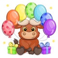 Cute cartoon buffalo with rainbow balloons and gifts.