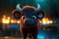 Cute Cartoon Buffalo With Very Big Eyes And Pitying Gaze A Forest With A Glowing Lake. Generative AI